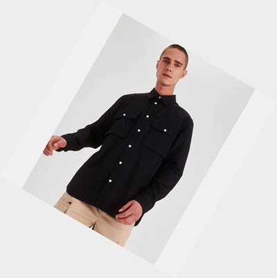 Black Men's Aigle Long-sleeved Cotton Shirts | NLJM-72436