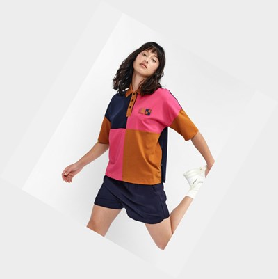 Khaki / Navy / Pink Women's Aigle Short-sleeved Polo Shirts | PAHY-48157