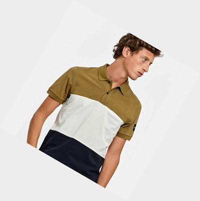 Khaki / White / Navy Men's Aigle Short-sleeved Cotton Polo Shirts | IDJV-09386