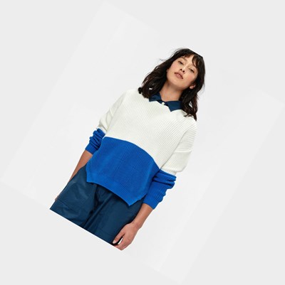 White / Blue Women's Aigle Chunky Knit Coton Jumpers | EHUX-01287