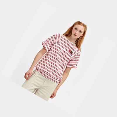 White / Pink Women's Aigle A Short Sleeves Striped Tee Shirt With Uvc Function T Shirts | MVYN-74962