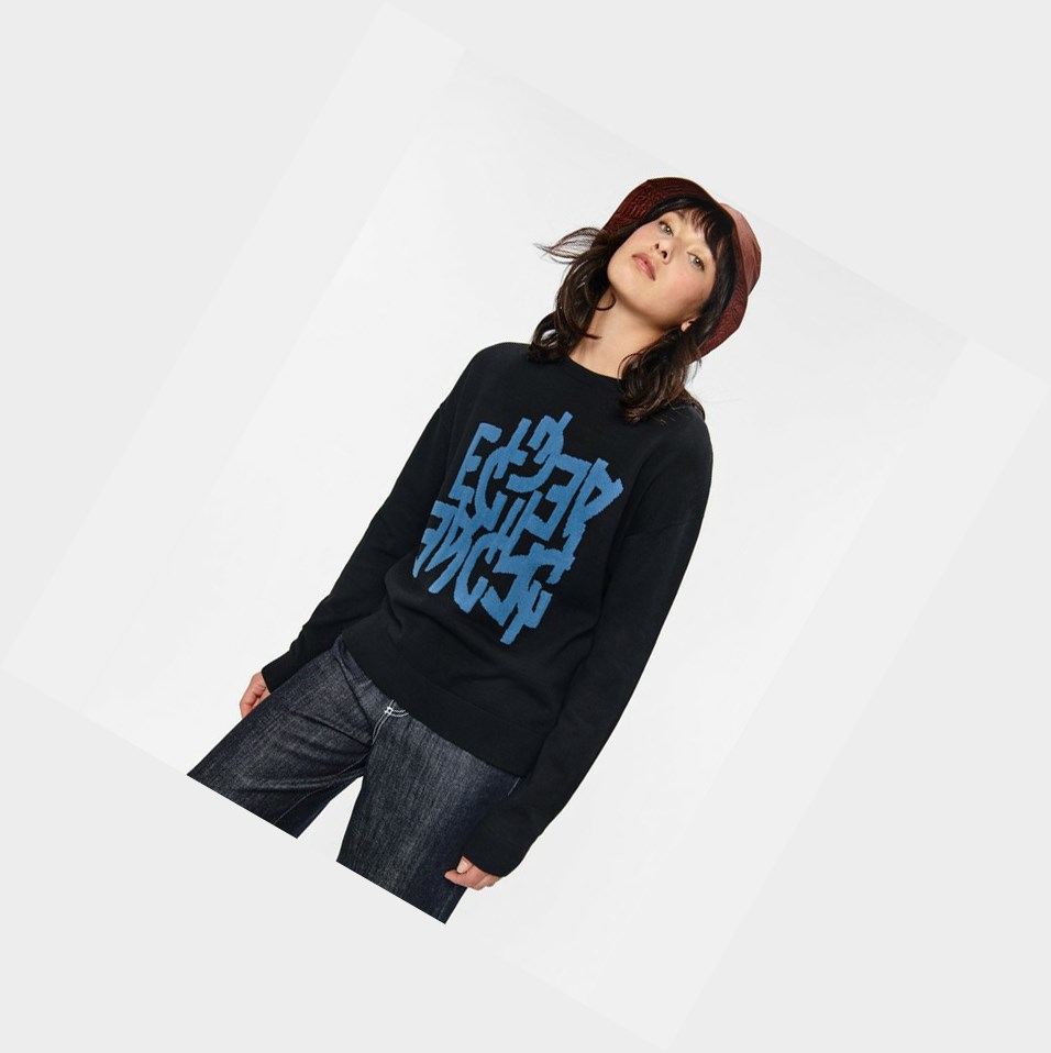 Black / Blue Women's Aigle Slim-fit Cotton Jumpers | NFAU-56143