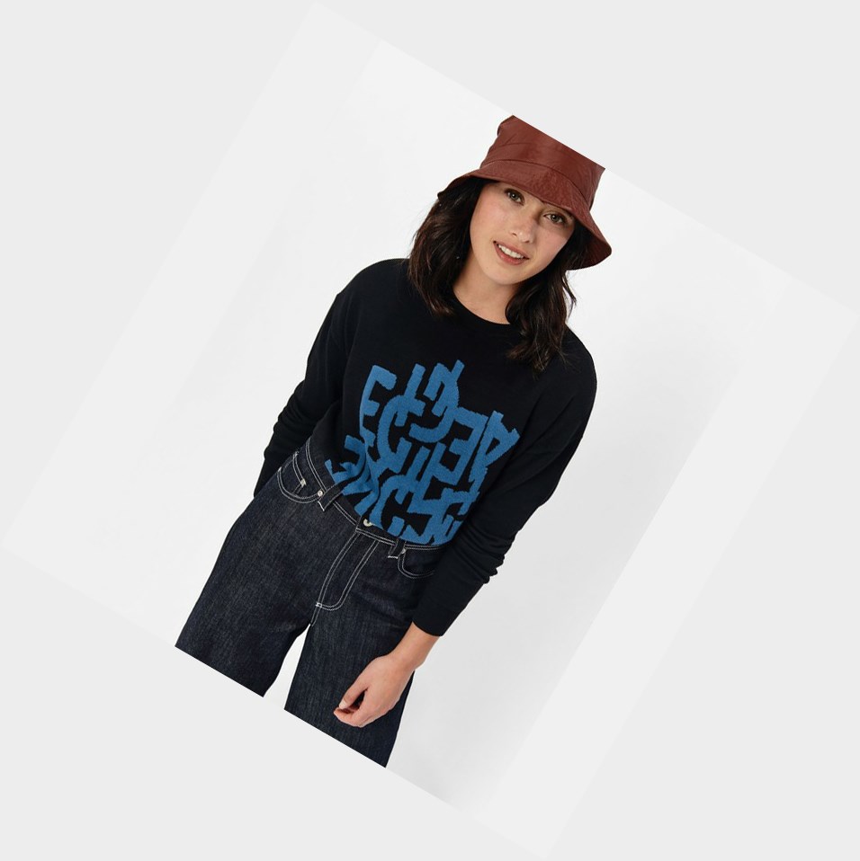 Black / Blue Women's Aigle Slim-fit Cotton Jumpers | NFAU-56143