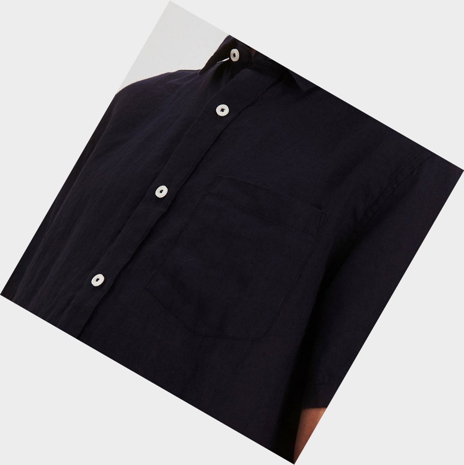 Black Men's Aigle Lightweight Linen-sleeved Shirts | MJDN-75142