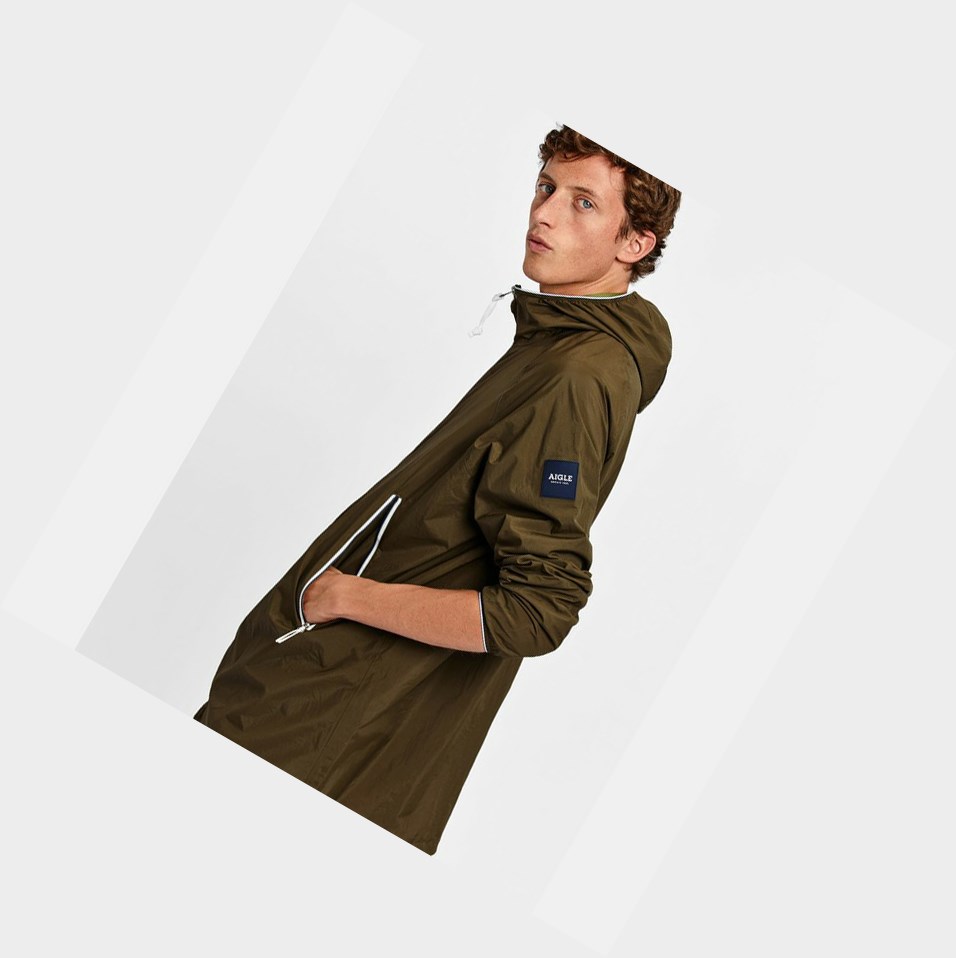 Khaki Men's Aigle Waterproof & Packable Oversized Coats & Jackets | SVEI-26170