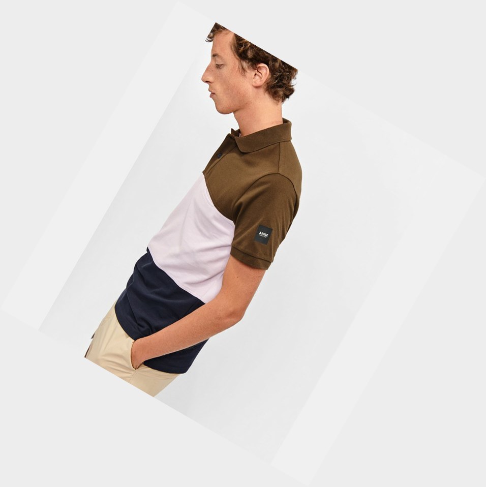 Khaki / White / Navy Men\'s Aigle Short-sleeved Cotton Polo Shirts | OXWR-08236