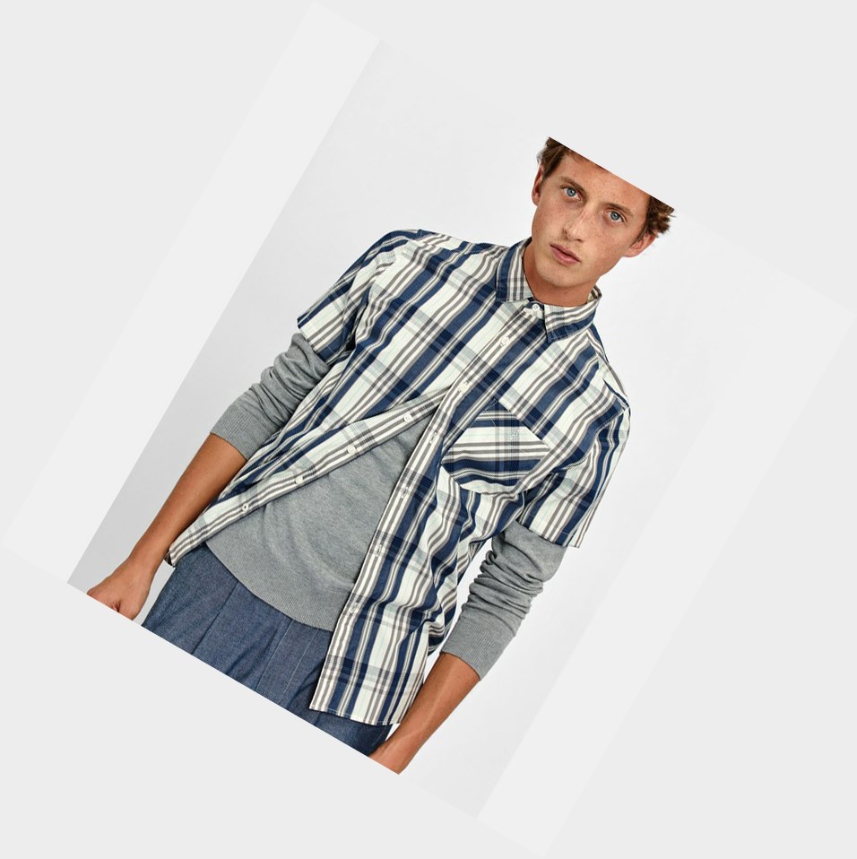 White / Blue Men's Aigle Traditional Check Shirts | LWRA-60783