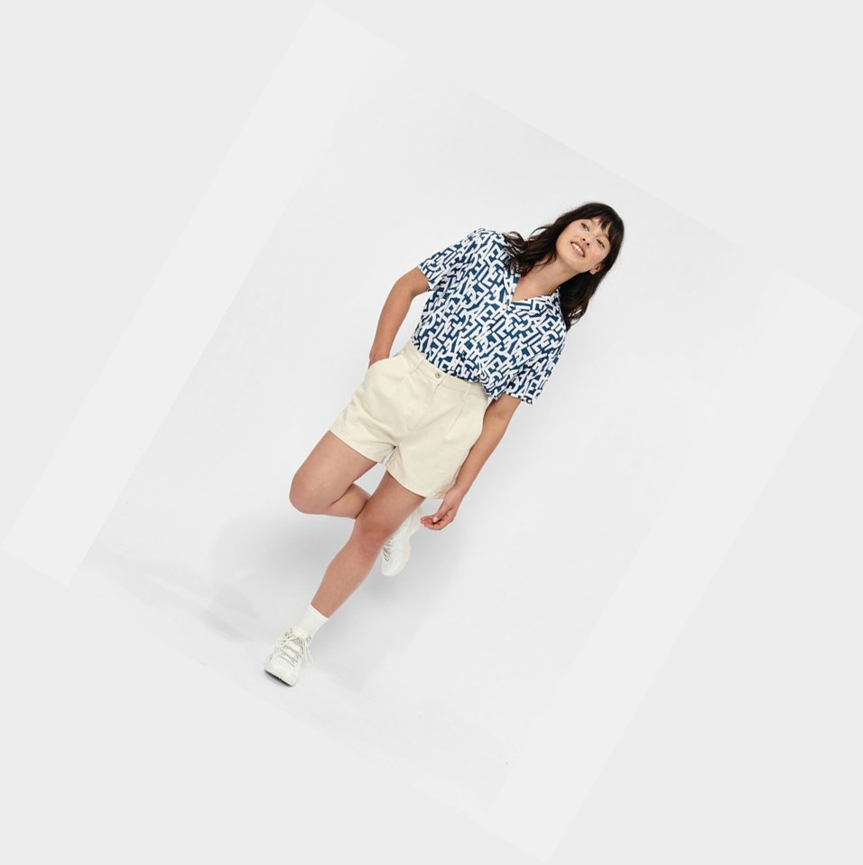 White / Blue Women's Aigle Short-sleeved Printed Blouse Shirts | ZJSK-10756