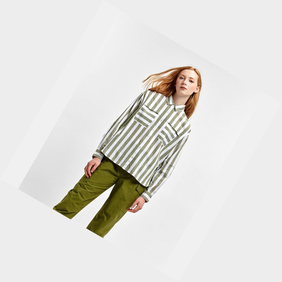 White / Olive Women\'s Aigle Striped Long-sleeved Blouse Shirts | HODG-19470