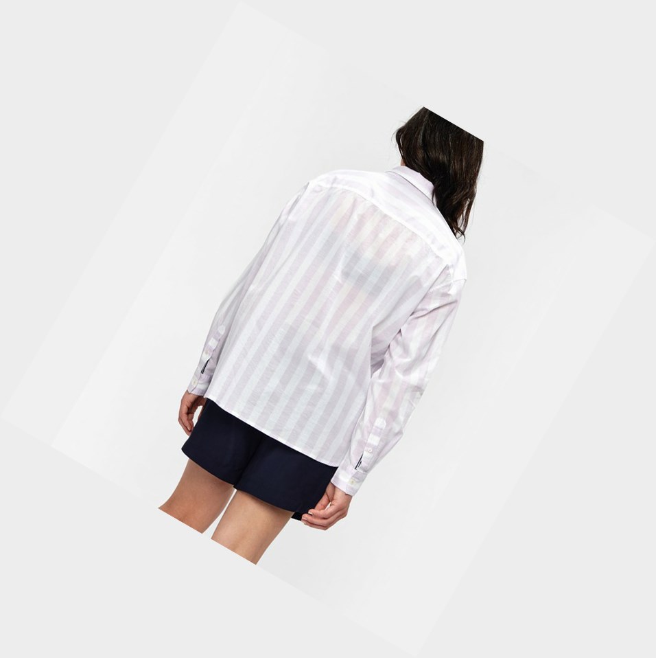 White Women's Aigle Striped Long-sleeved Blouse Shirts | WQUF-62147