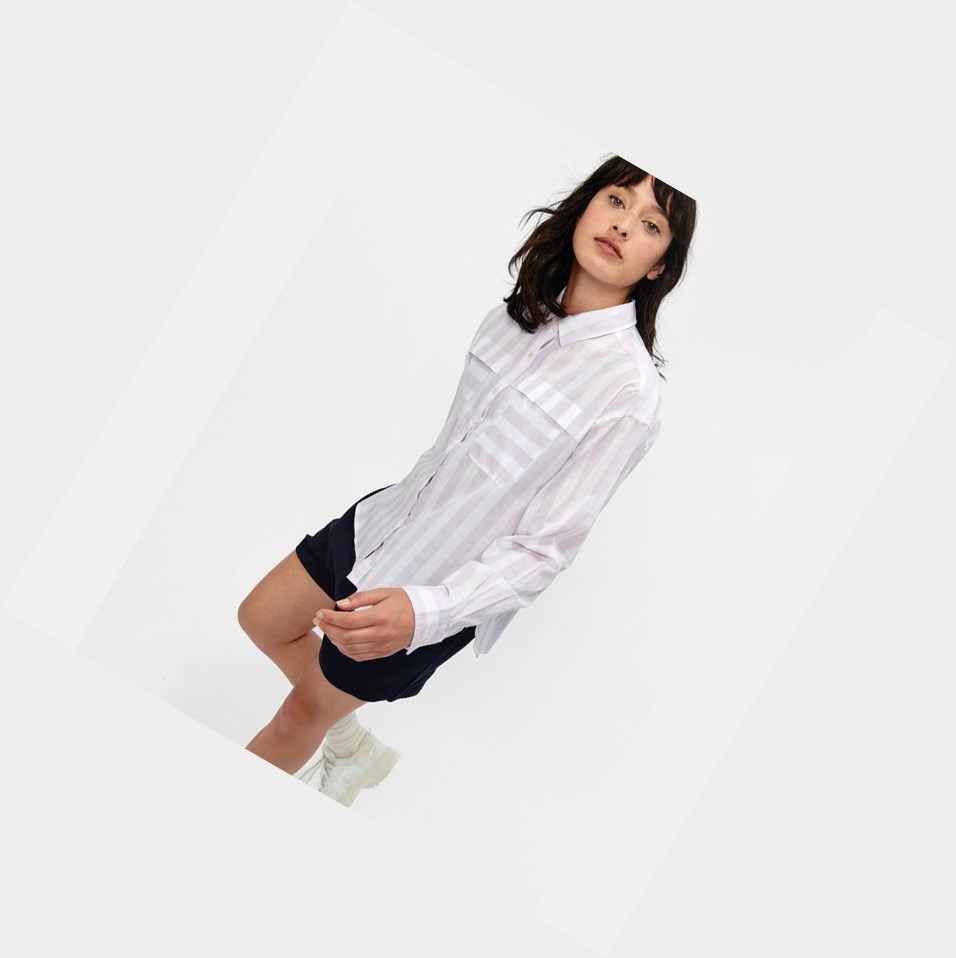 White Women's Aigle Striped Long-sleeved Blouse Shirts | WQUF-62147